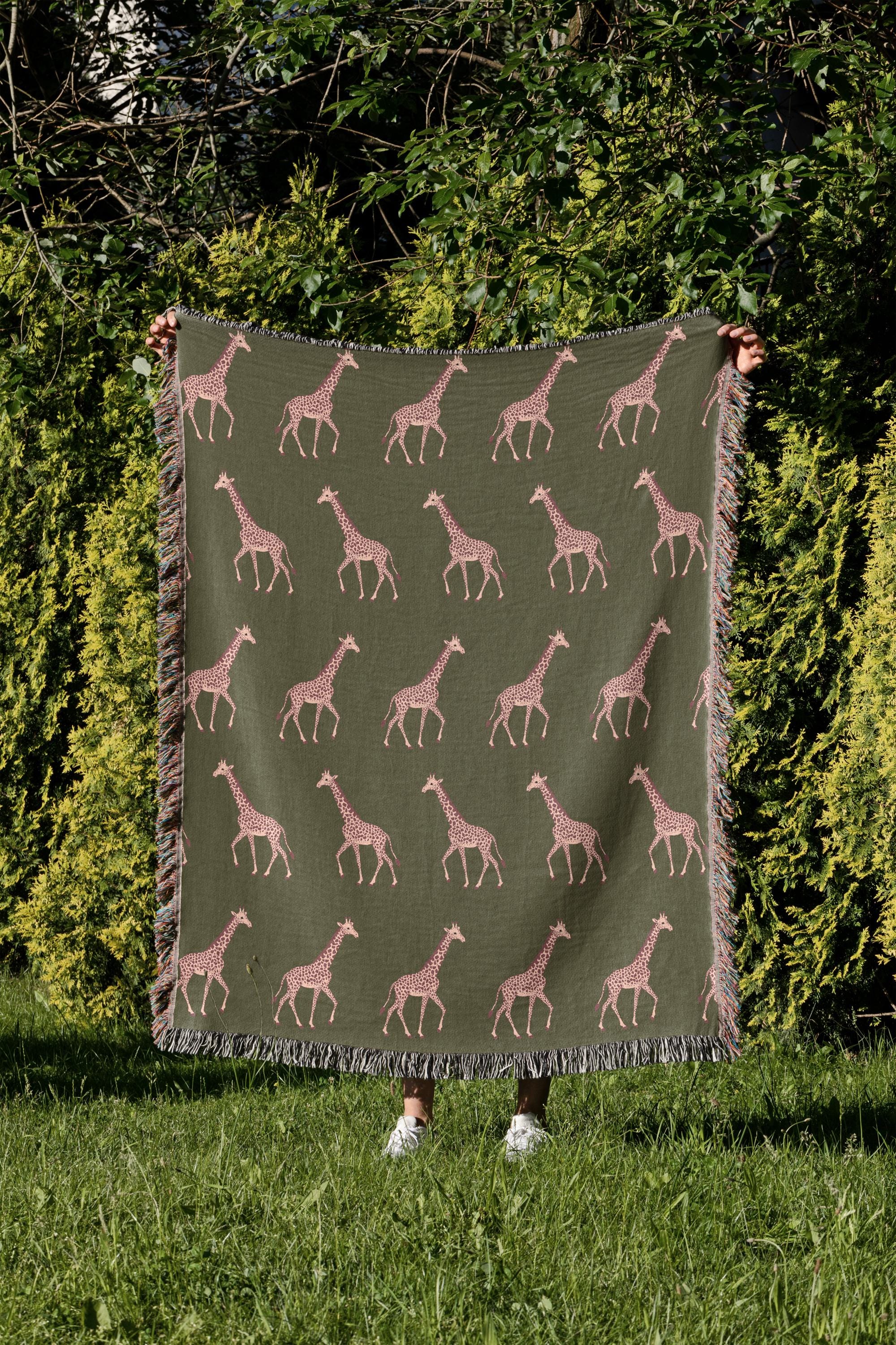 Cotton Woven Blanket, Giraffe Parade, Blush Pink on Army Green, Safari Animals, Kids Room, Baby Nursery Decor, Animal Print, Fringe Throw