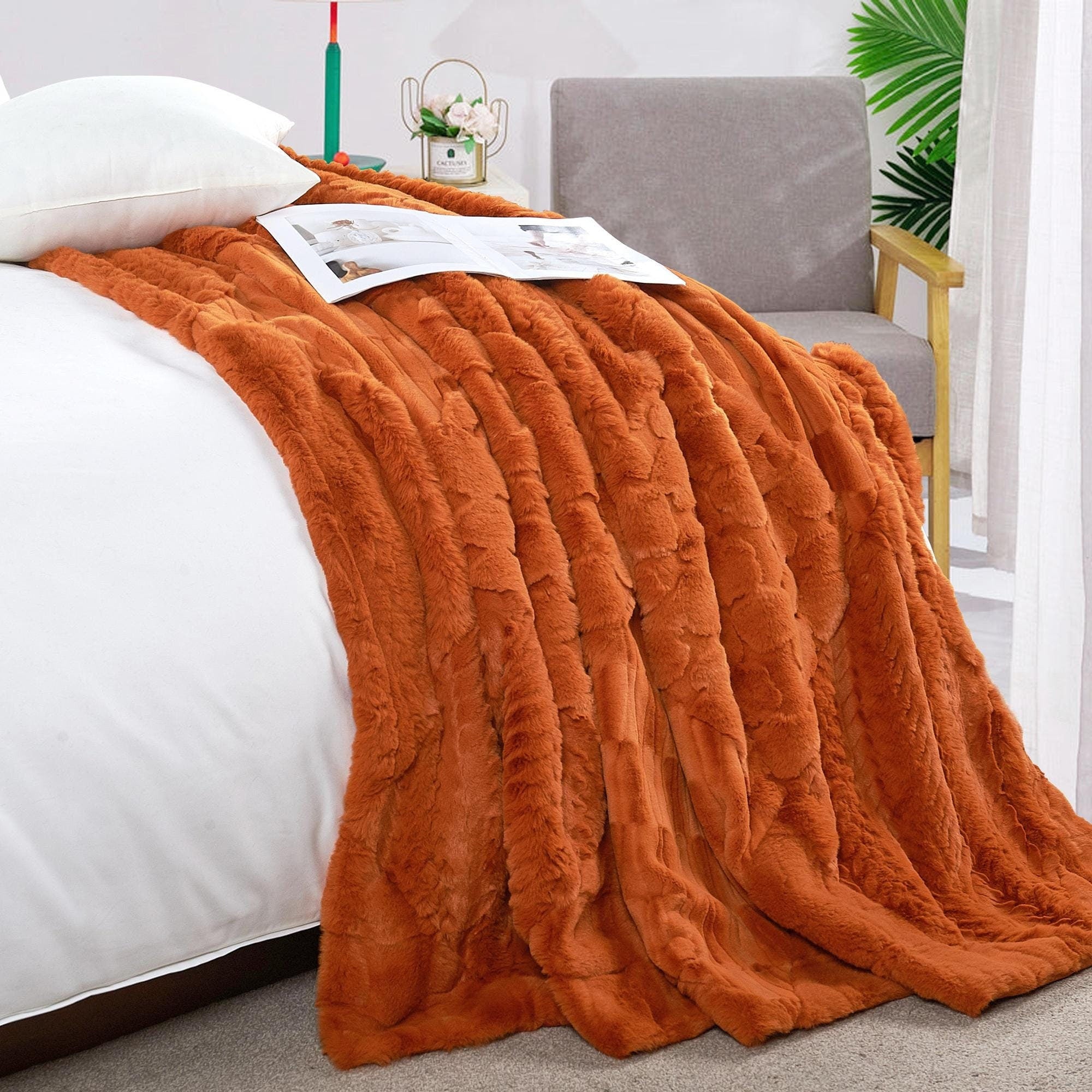 Handmade Geometric Patchwork Faux Fur Throw Blanket: Rustic Cozy Decor