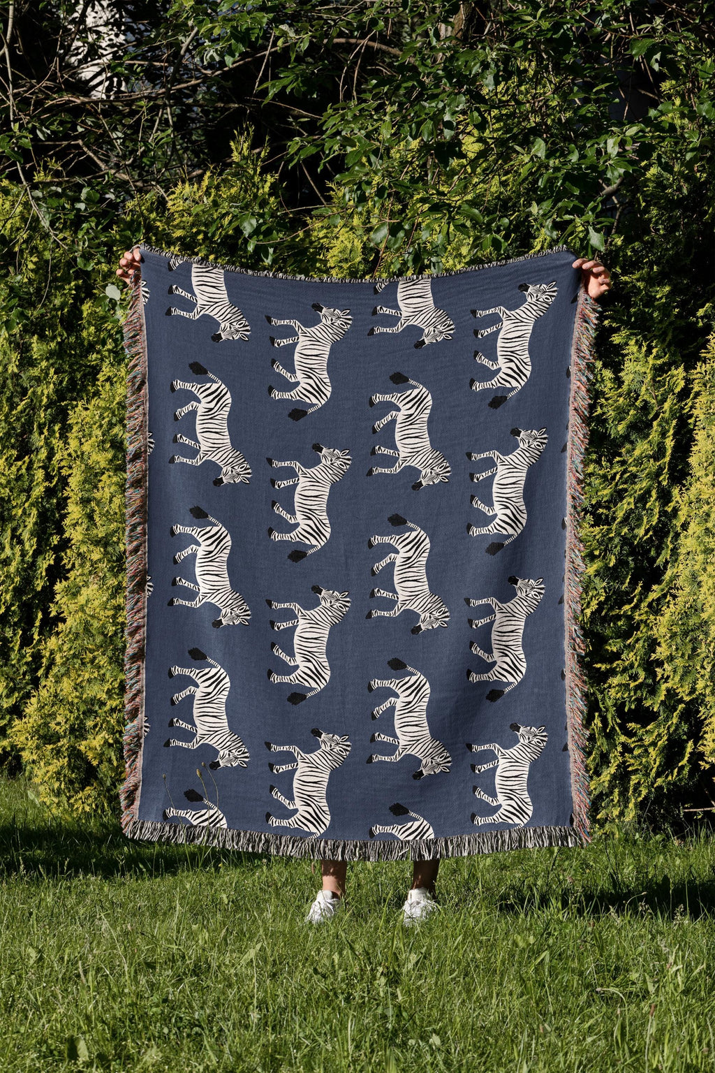 Cotton Woven Blanket, Zebra Parade, Black and White on Navy Blue, Safari Animals, Kids Room, Baby Nursery Decor, Animal Print, Fringe Throw