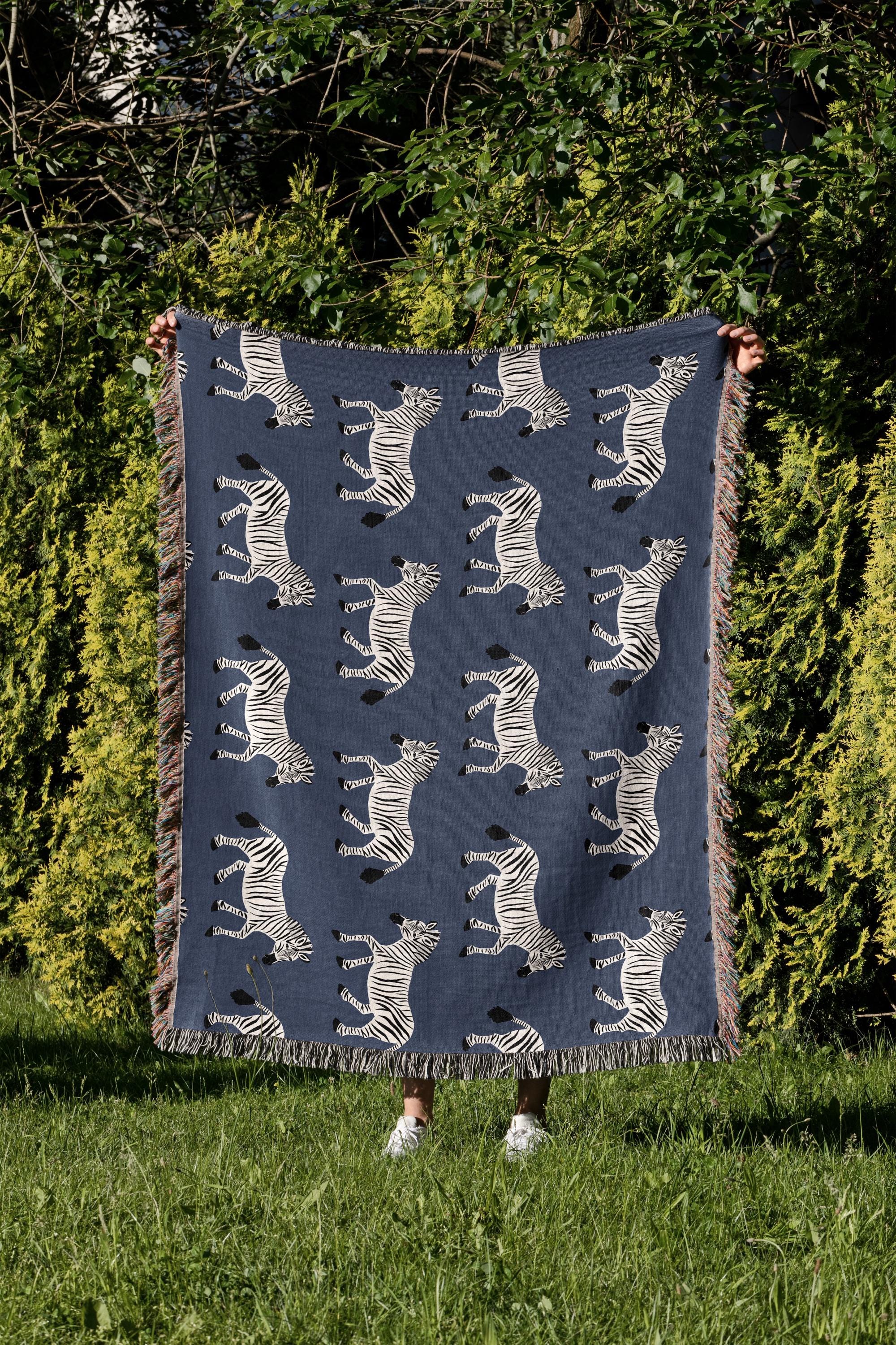 Cotton Woven Blanket, Zebra Parade, Black and White on Navy Blue, Safari Animals, Kids Room, Baby Nursery Decor, Animal Print, Fringe Throw
