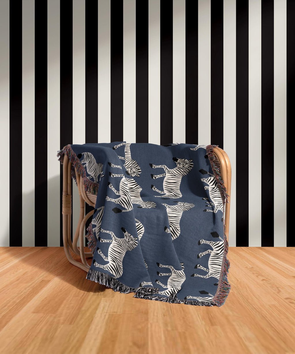 Cotton Woven Blanket, Zebra Parade, Black and White on Navy Blue, Safari Animals, Kids Room, Baby Nursery Decor, Animal Print, Fringe Throw