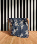 Cotton Woven Blanket, Zebra Parade, Black and White on Navy Blue, Safari Animals, Kids Room, Baby Nursery Decor, Animal Print, Fringe Throw