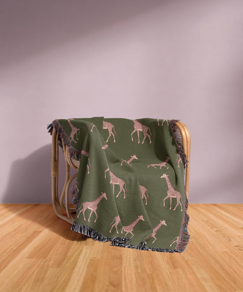 Cotton Woven Blanket, Giraffe Parade, Blush Pink on Army Green, Safari Animals, Kids Room, Baby Nursery Decor, Animal Print, Fringe Throw