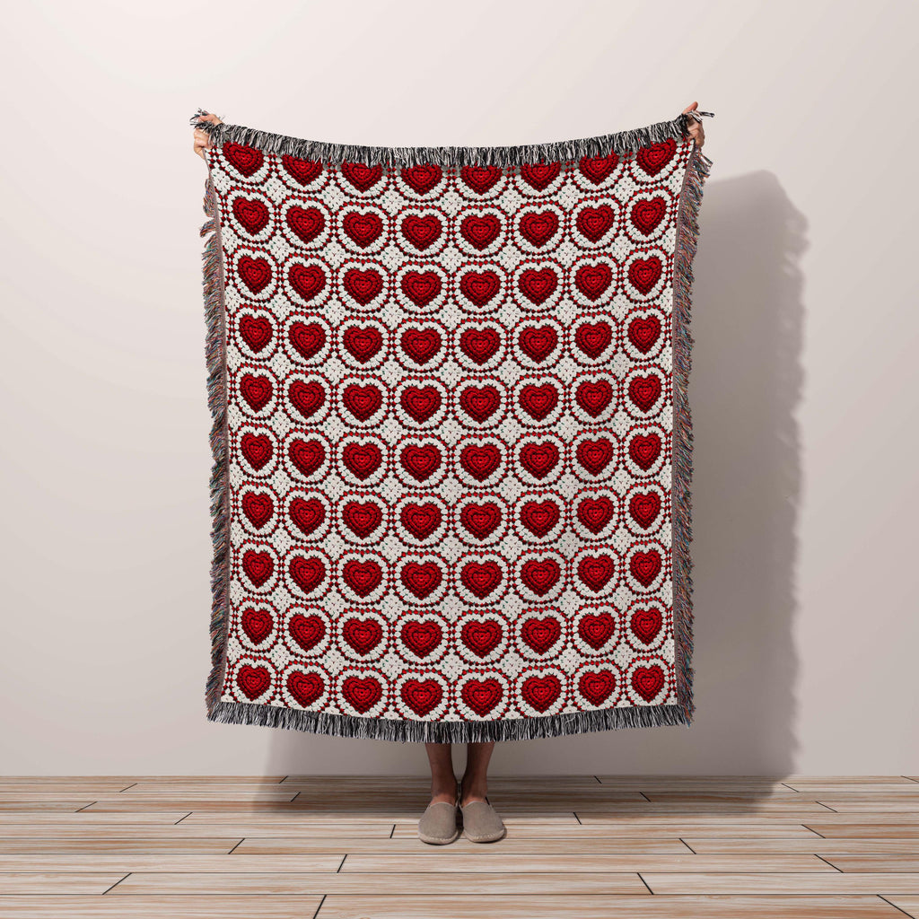 Cotton Throw Blanket Valentine Hearts, Anniversary Gift Valentines Gift for Wife, Trendy Rustic Granny Square Classic Red White Pattern