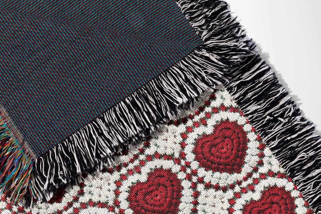 Cotton Throw Blanket Valentine Hearts, Anniversary Gift Valentines Gift for Wife, Trendy Rustic Granny Square Classic Red White Pattern