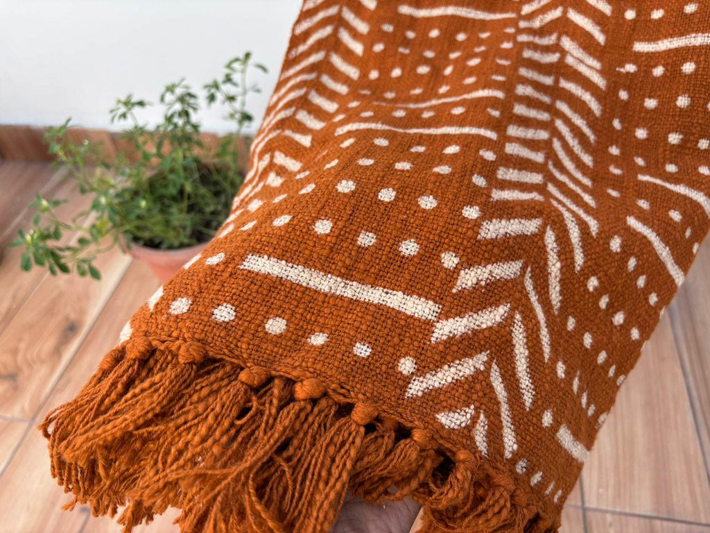Rust Cotton Throw Blanket: Hand Block Printed Mud Cloth with Tassels