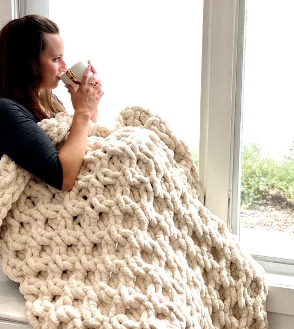 Blanket, Hand Knit, Chunky Chenille Throw, Honeycomb Pattern, Gift for her