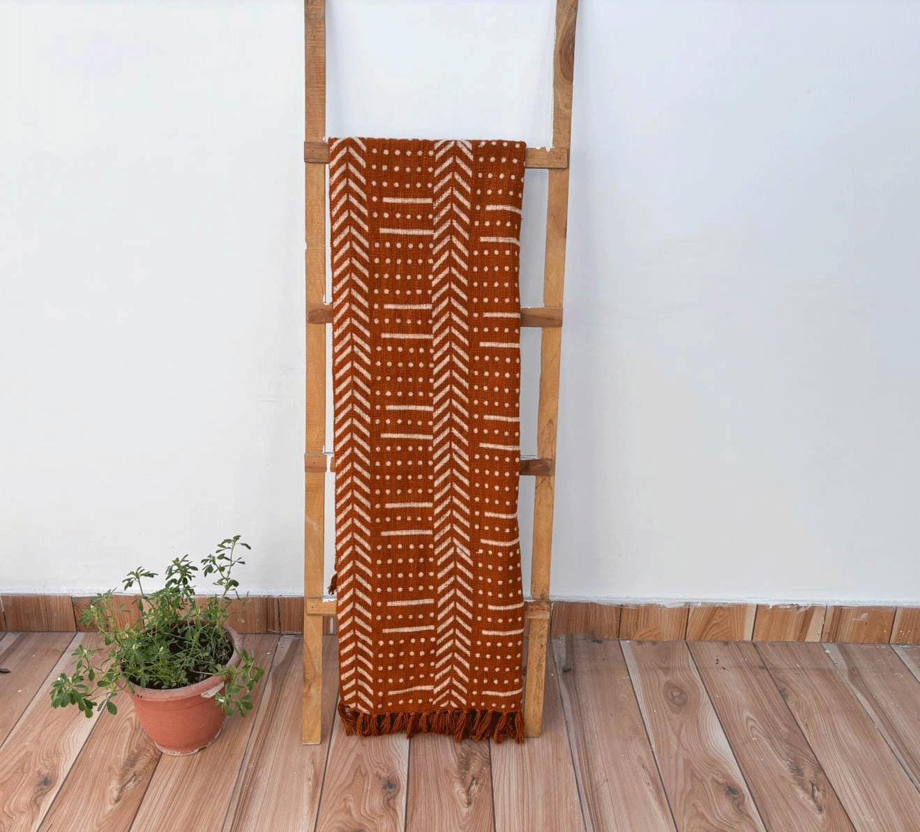 Rust Cotton Throw Blanket: Hand Block Printed Mud Cloth with Tassels