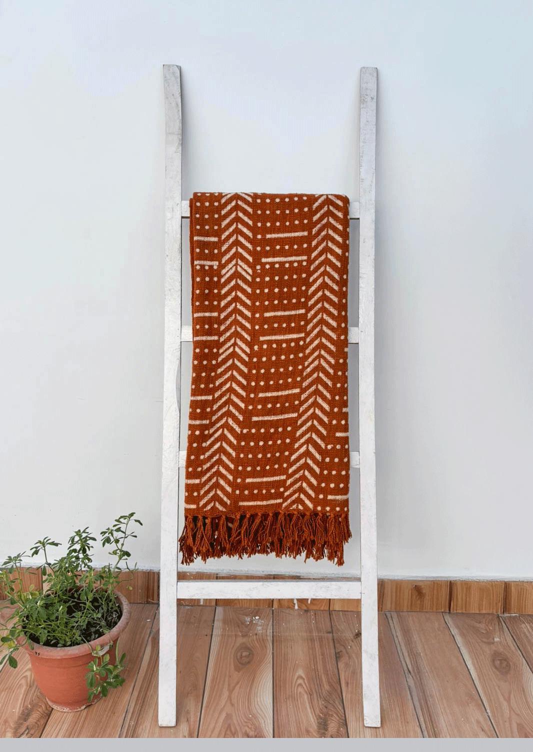Rust Cotton Throw Blanket: Hand Block Printed Mud Cloth with Tassels