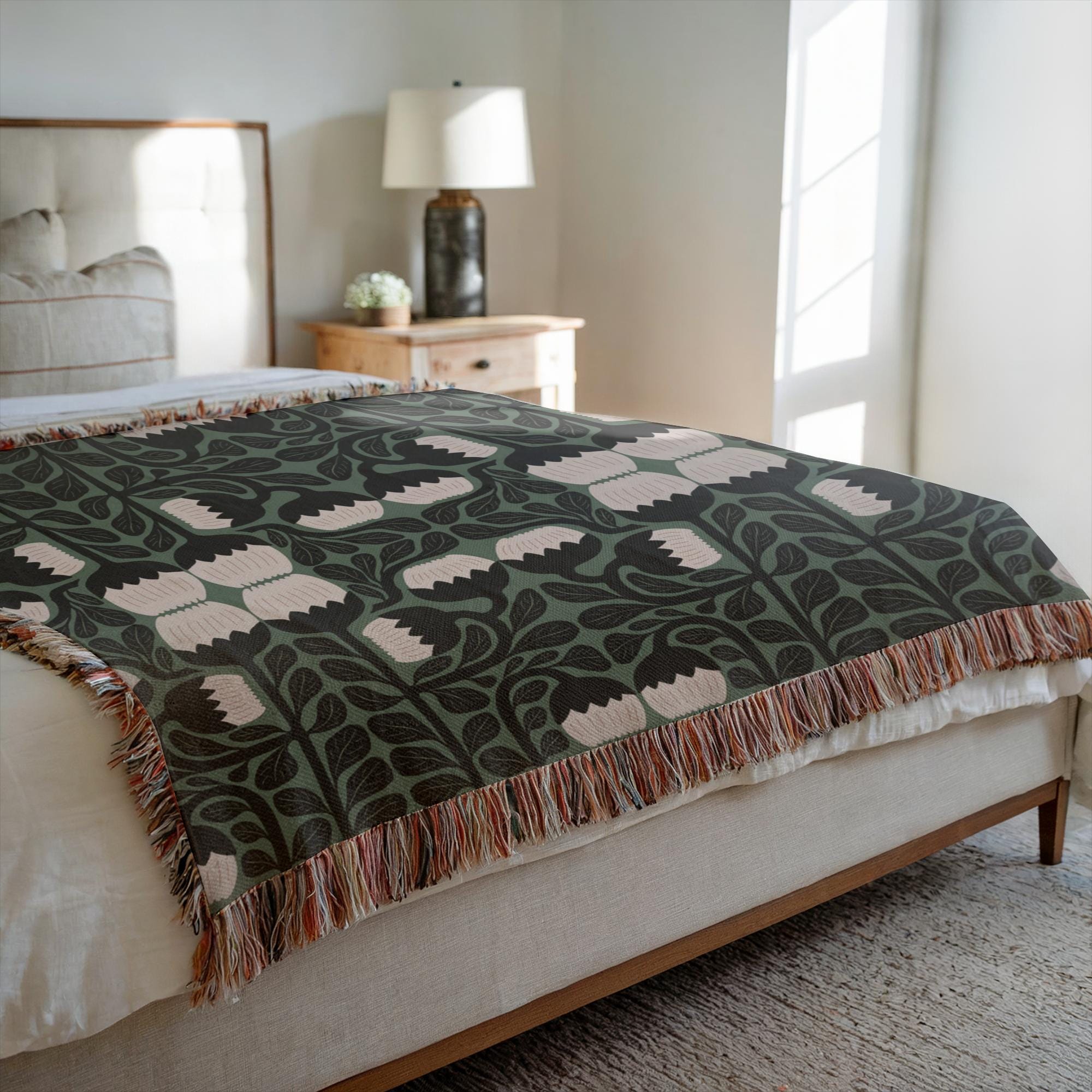 Green Boho Matisse Floral Woven Cotton Blanket