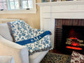 Woven Blanket for Mom Monogram Blue Chinoiserie Floral Throw Blanket, Personalized Grand Millennial Toile Bedding Country Cottage Decor