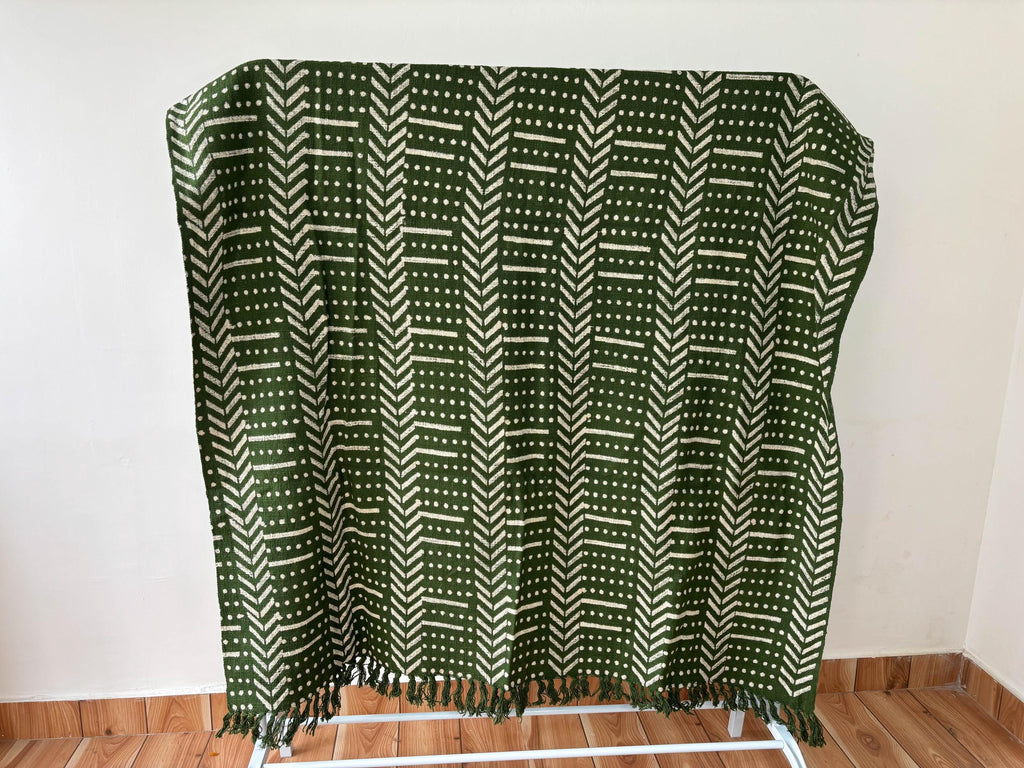 Rust Cotton Throw Blanket: Hand Block Printed Mud Cloth with Tassels