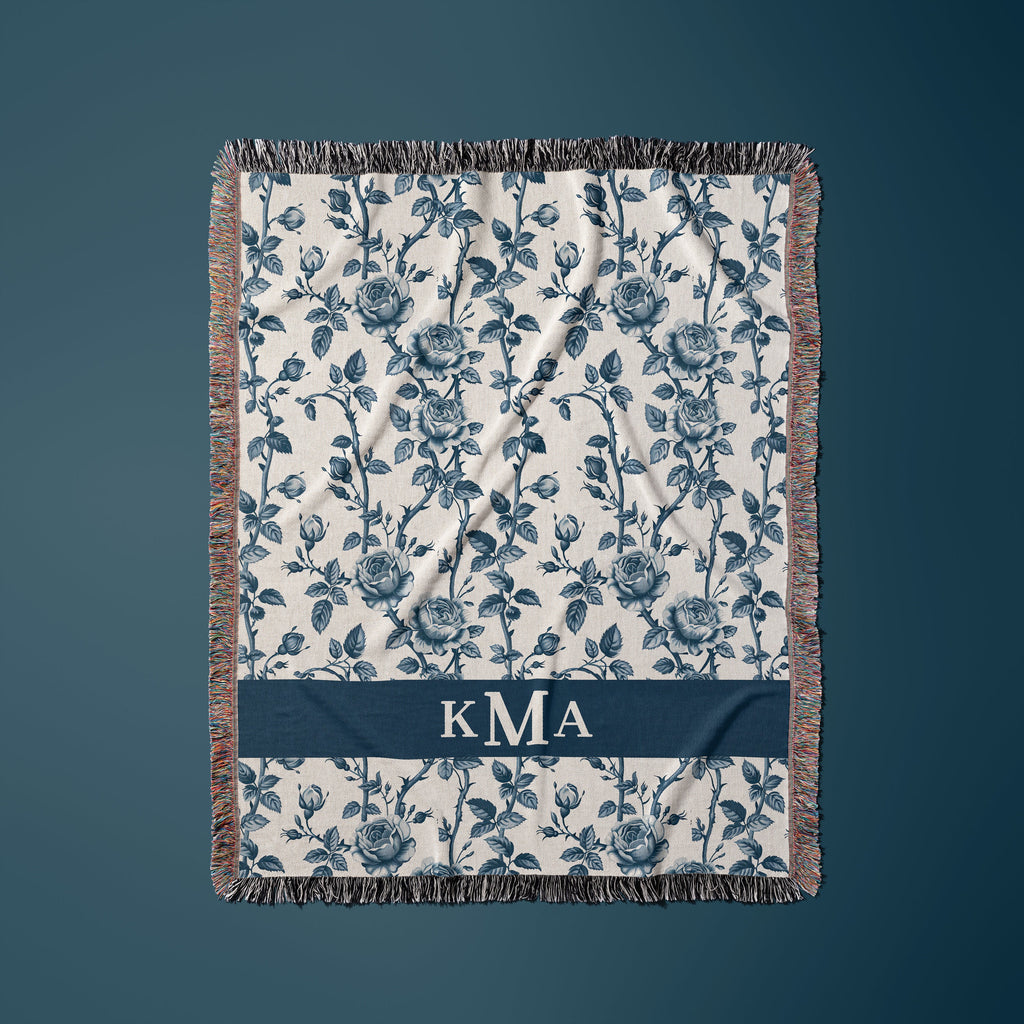 Woven Blanket for Mom Monogram Blue Chinoiserie Floral Throw Blanket, Personalized Grand Millennial Toile Bedding Country Cottage Decor