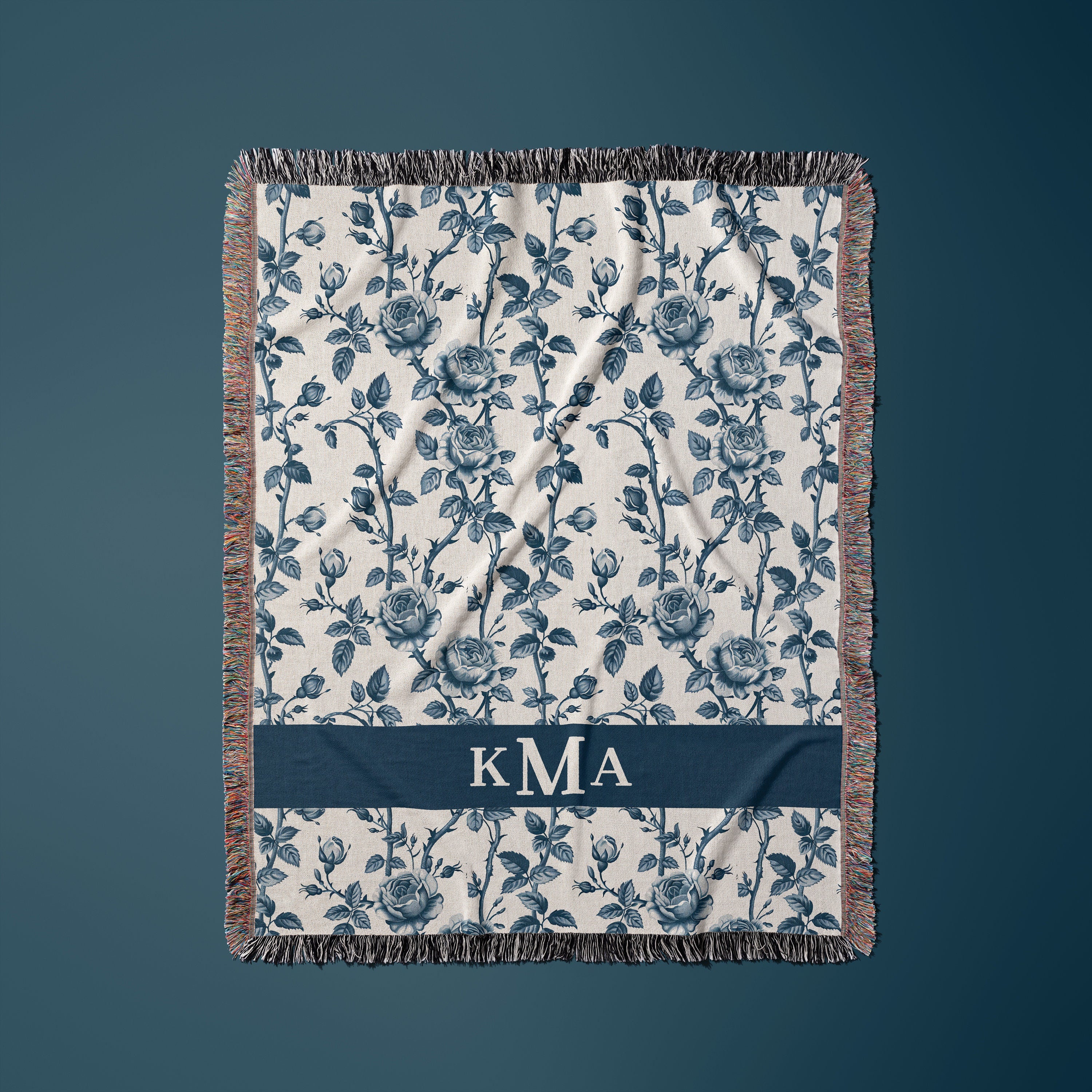 Woven Blanket for Mom Monogram Blue Chinoiserie Floral Throw Blanket, Personalized Grand Millennial Toile Bedding Country Cottage Decor