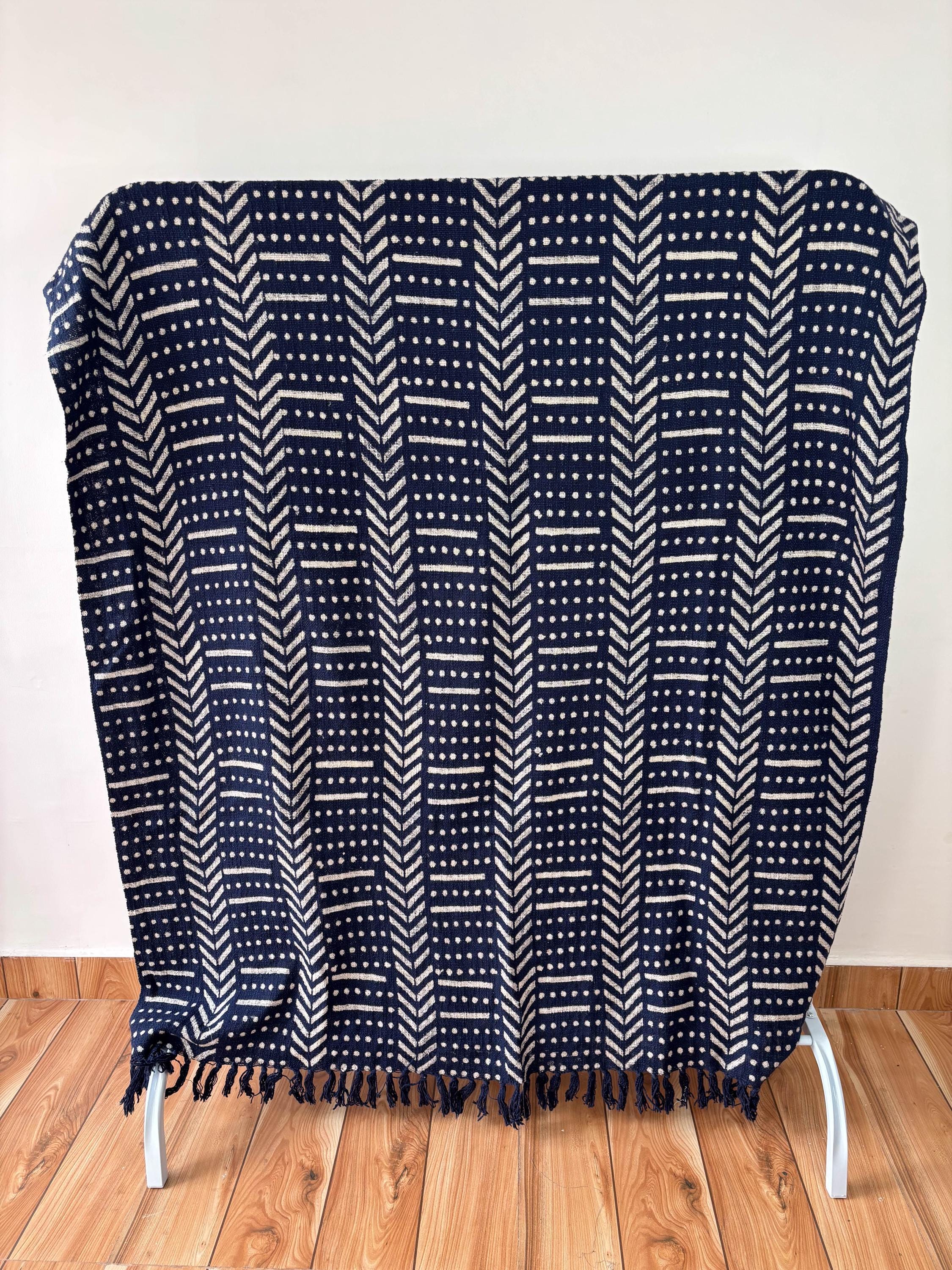 Rust Cotton Throw Blanket: Hand Block Printed Mud Cloth with Tassels