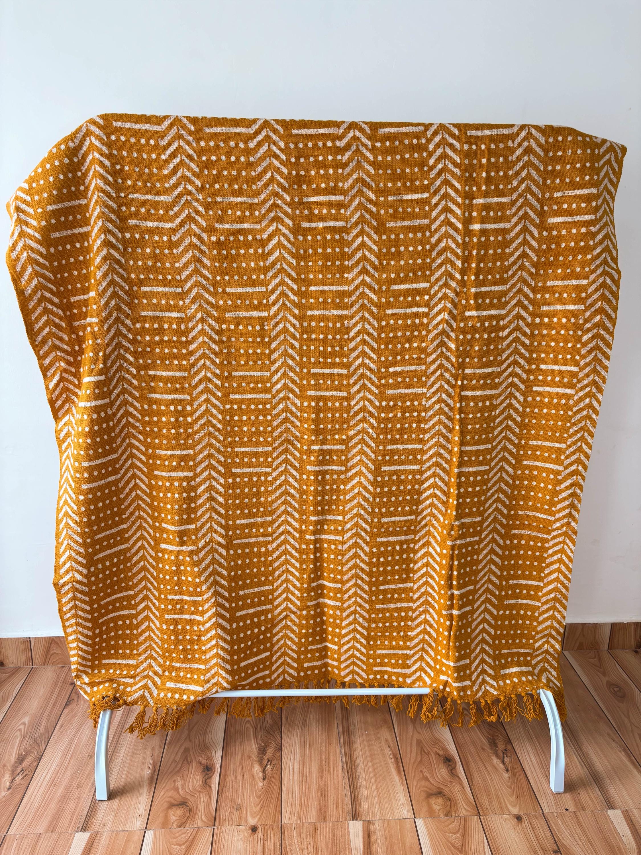 Rust Cotton Throw Blanket: Hand Block Printed Mud Cloth with Tassels