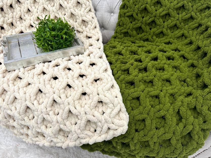 Blanket, Hand Knit, Chunky Chenille Throw, Honeycomb Pattern, Gift for her
