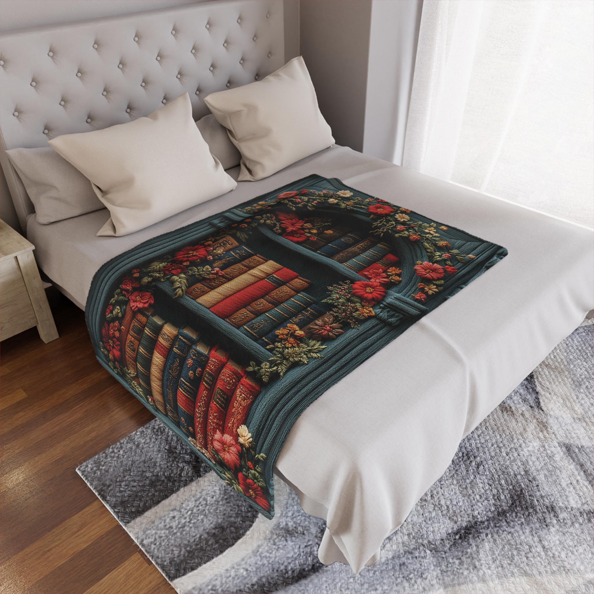 Bookshelf Throw Blanket, Vintage Floral Books, Cozy Reading Nook Decor