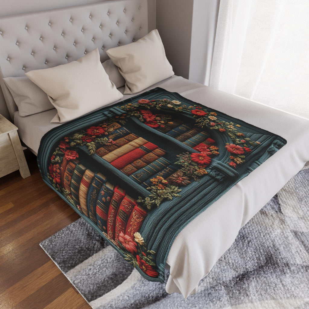 Bookshelf Throw Blanket, Vintage Floral Books, Cozy Reading Nook Decor