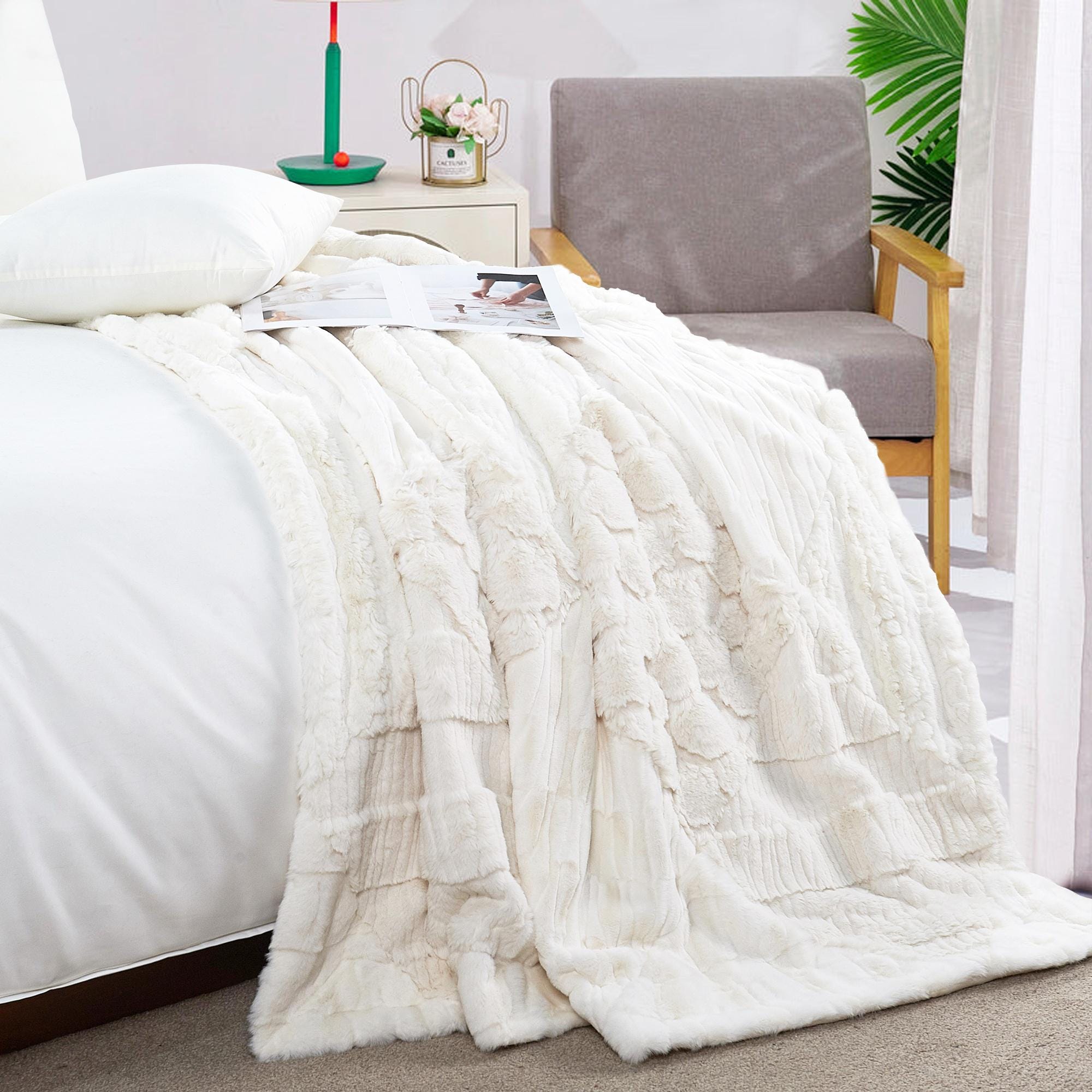 Handmade Geometric Patchwork Faux Fur Throw Blanket: Rustic Cozy Decor