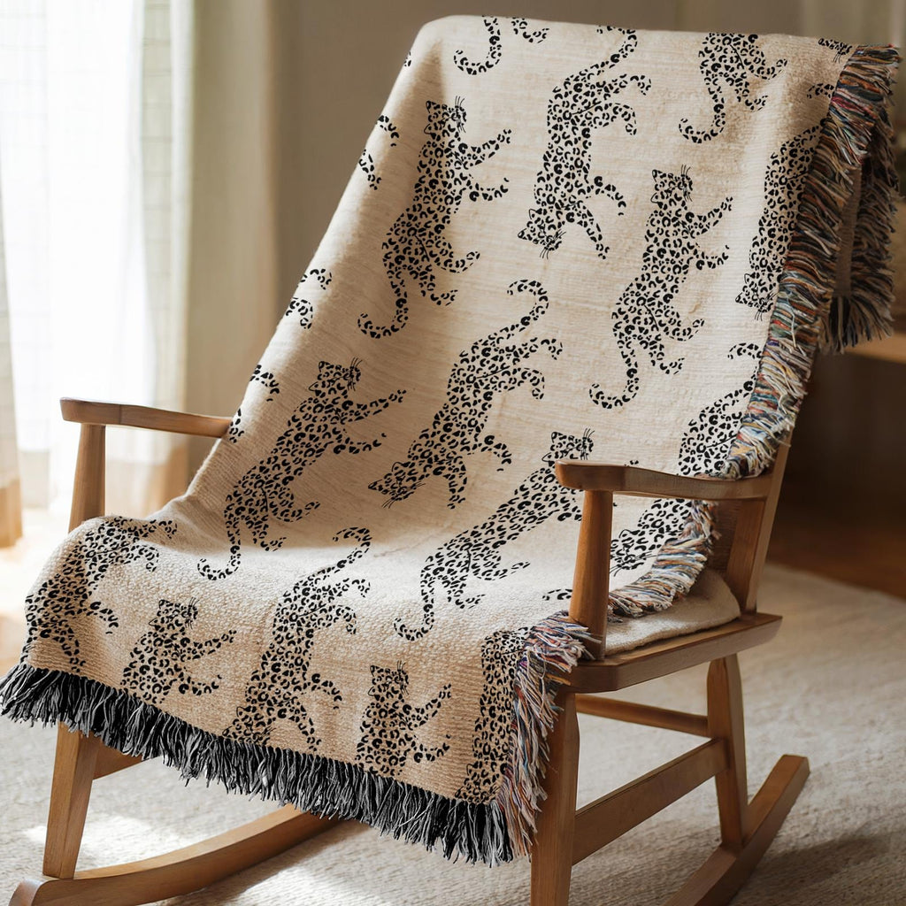 Cotton Woven Blanket, Leopard Parade, Black White, Jungle Cat Decor, Cheetah Throw, Safari Theme, Animal Print, Gift for Her, Fringe Throw