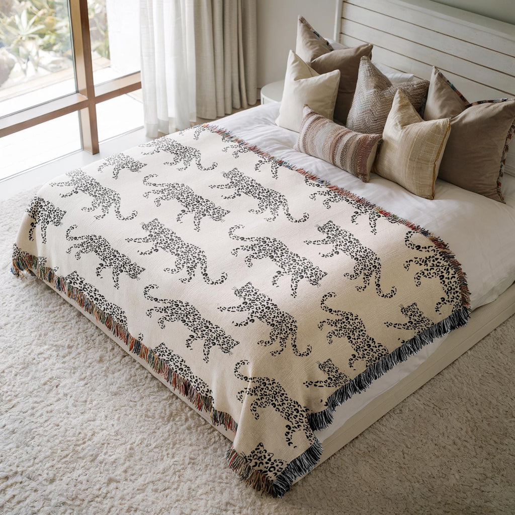 Cotton Woven Blanket, Leopard Parade, Black White, Jungle Cat Decor, Cheetah Throw, Safari Theme, Animal Print, Gift for Her, Fringe Throw