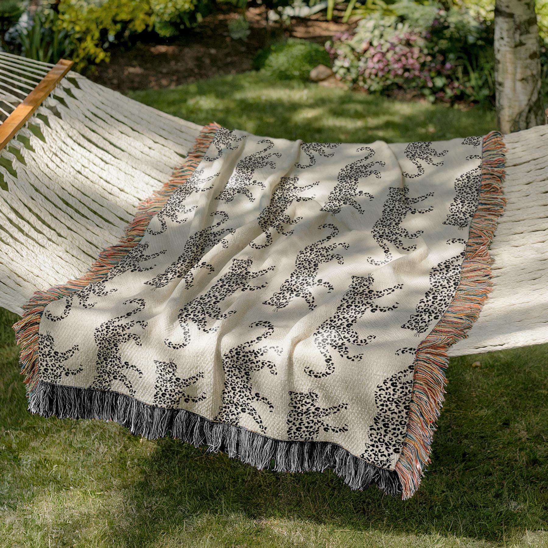 Cotton Woven Blanket, Leopard Parade, Black White, Jungle Cat Decor, Cheetah Throw, Safari Theme, Animal Print, Gift for Her, Fringe Throw