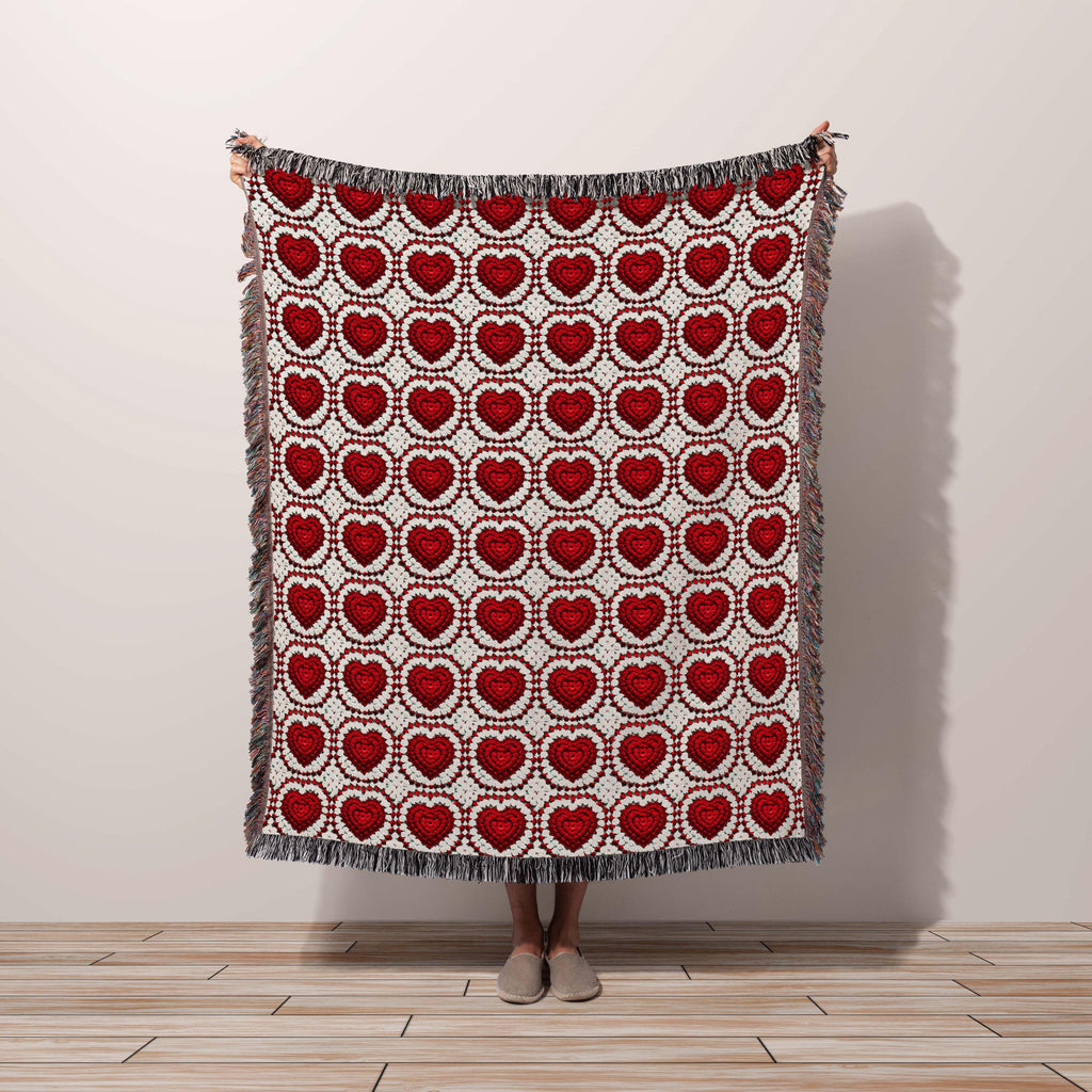 Cotton Throw Blanket Valentine Hearts, Anniversary Gift Valentines Gift for Wife, Trendy Rustic Granny Square Classic Red White Pattern