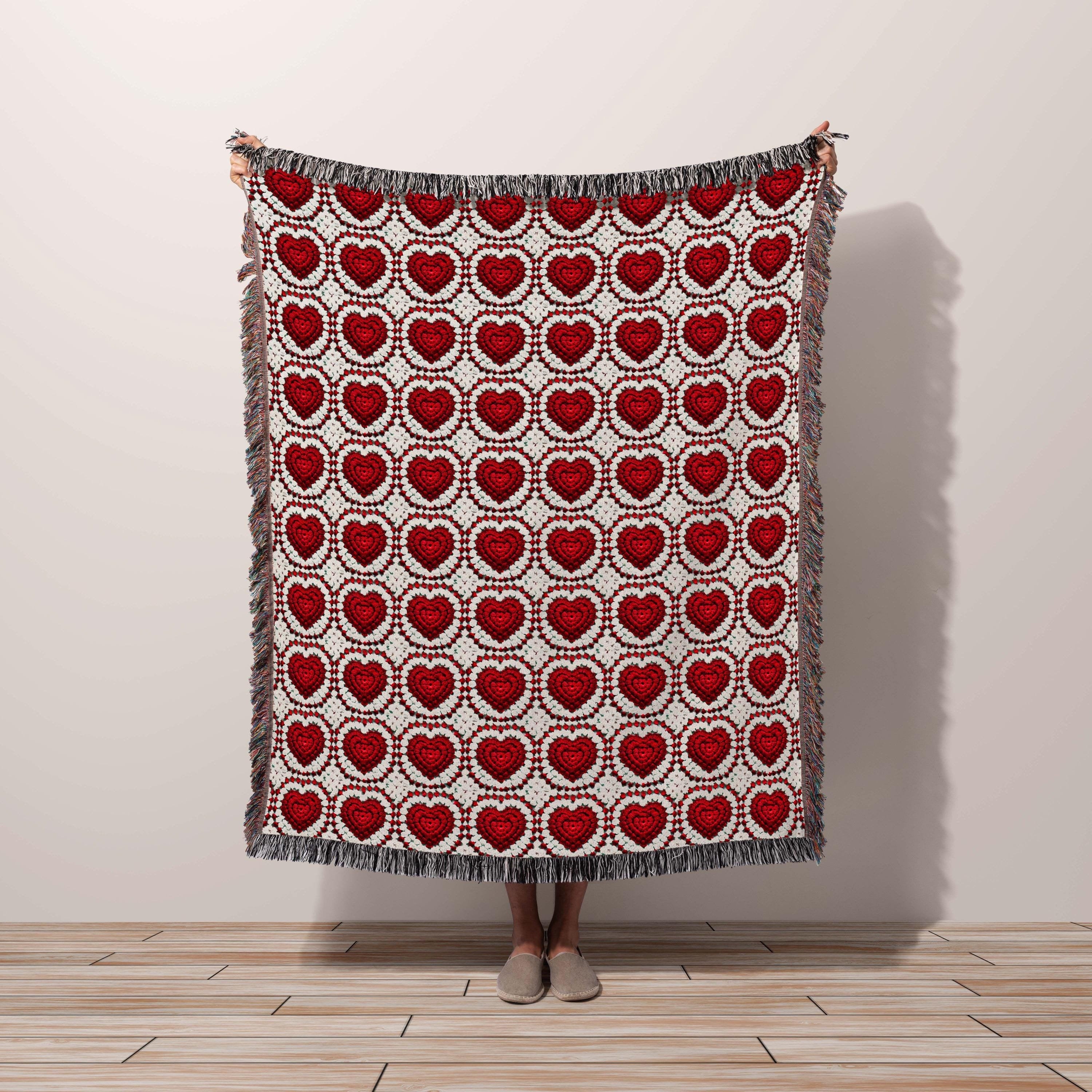 Cotton Throw Blanket Valentine Hearts, Anniversary Gift Valentines Gift for Wife, Trendy Rustic Granny Square Classic Red White Pattern