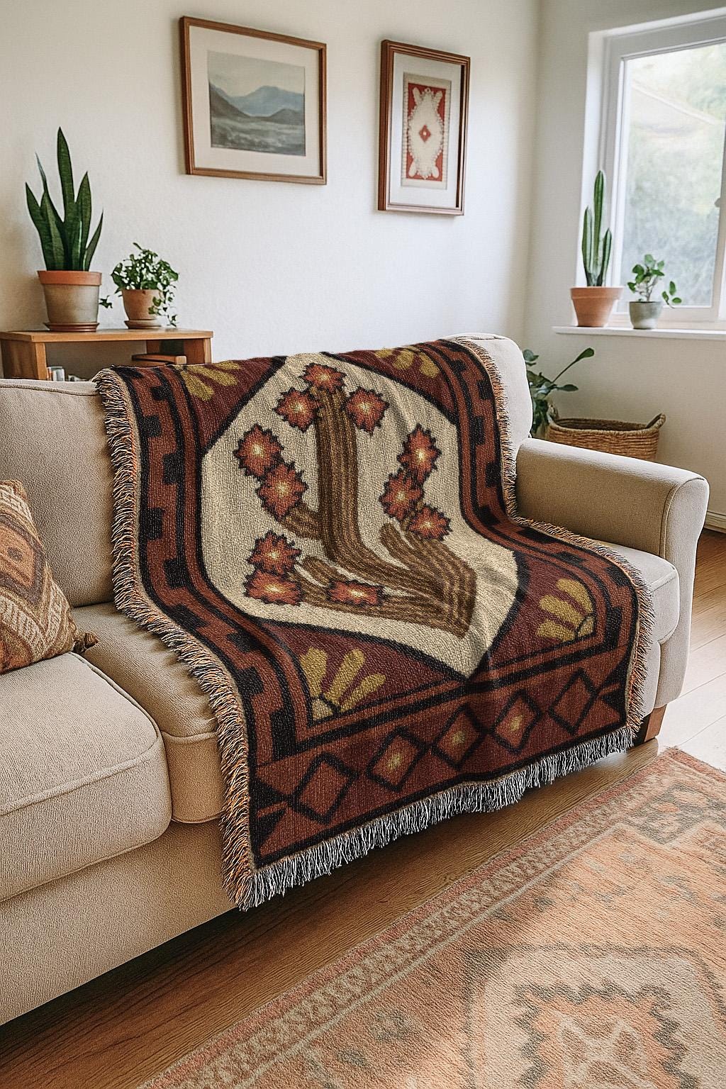 Blooming Cactus Tapestry | Native Southwestern Tapestry Throw Blanket | Rustic Boho Vintage Western Woven Blanket