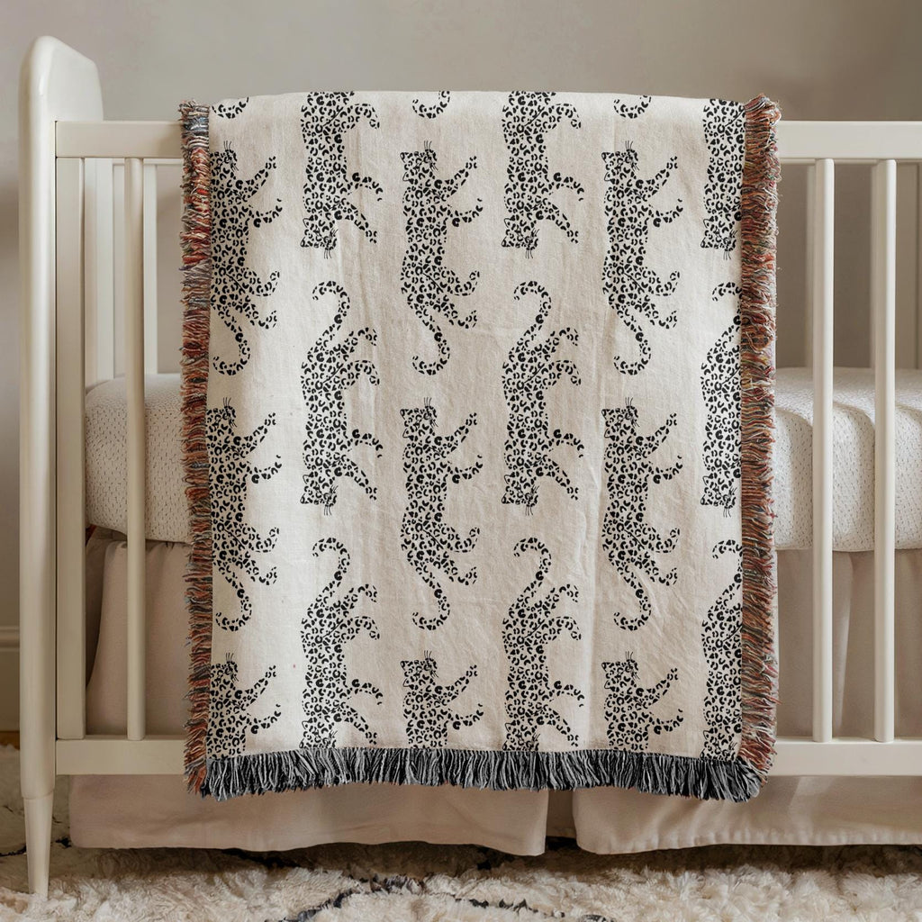 Cotton Woven Blanket, Leopard Parade, Black White, Jungle Cat Decor, Cheetah Throw, Safari Theme, Animal Print, Gift for Her, Fringe Throw