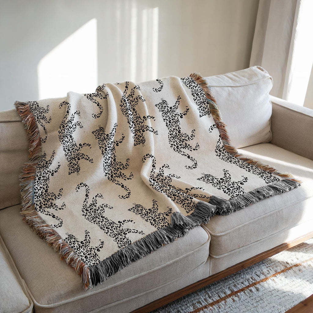 Cotton Woven Blanket, Leopard Parade, Black White, Jungle Cat Decor, Cheetah Throw, Safari Theme, Animal Print, Gift for Her, Fringe Throw