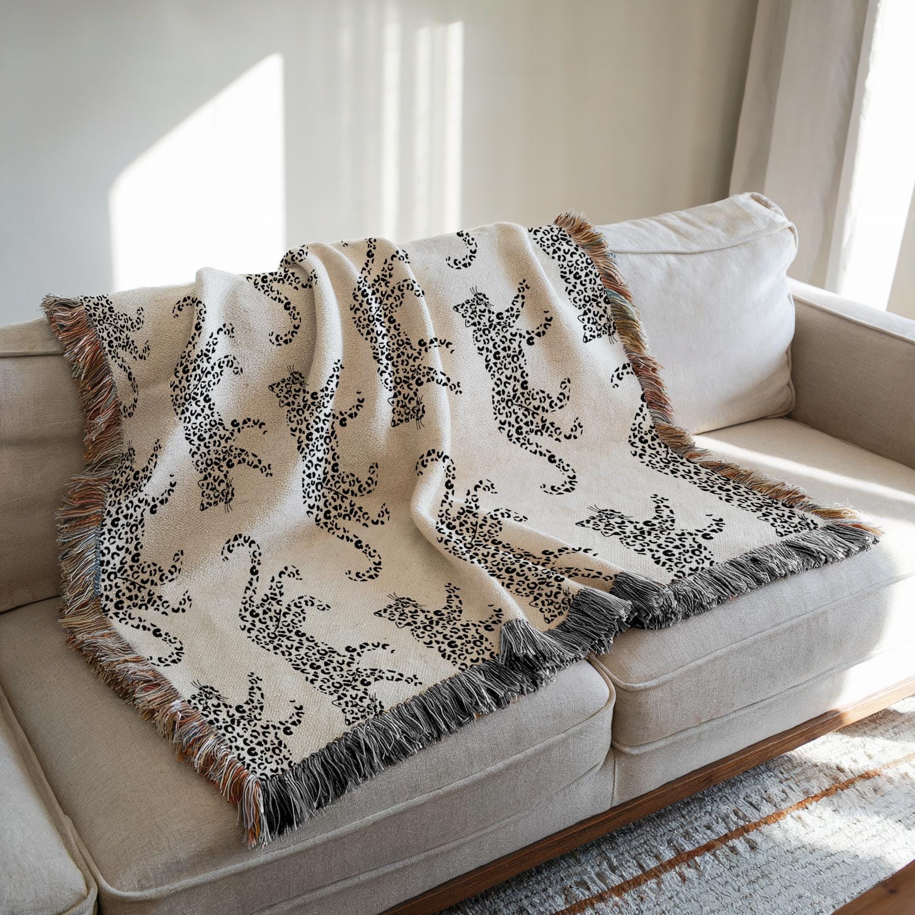 Cotton Woven Blanket, Leopard Parade, Black White, Jungle Cat Decor, Cheetah Throw, Safari Theme, Animal Print, Gift for Her, Fringe Throw
