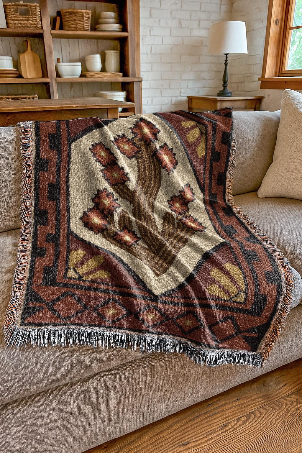Blooming Cactus Tapestry | Native Southwestern Tapestry Throw Blanket | Rustic Boho Vintage Western Woven Blanket