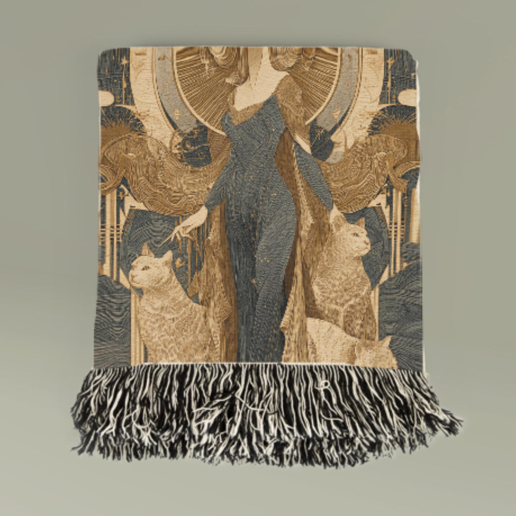 Celestial Mermaid Woven Blanket – Art Deco Goddess with Cats