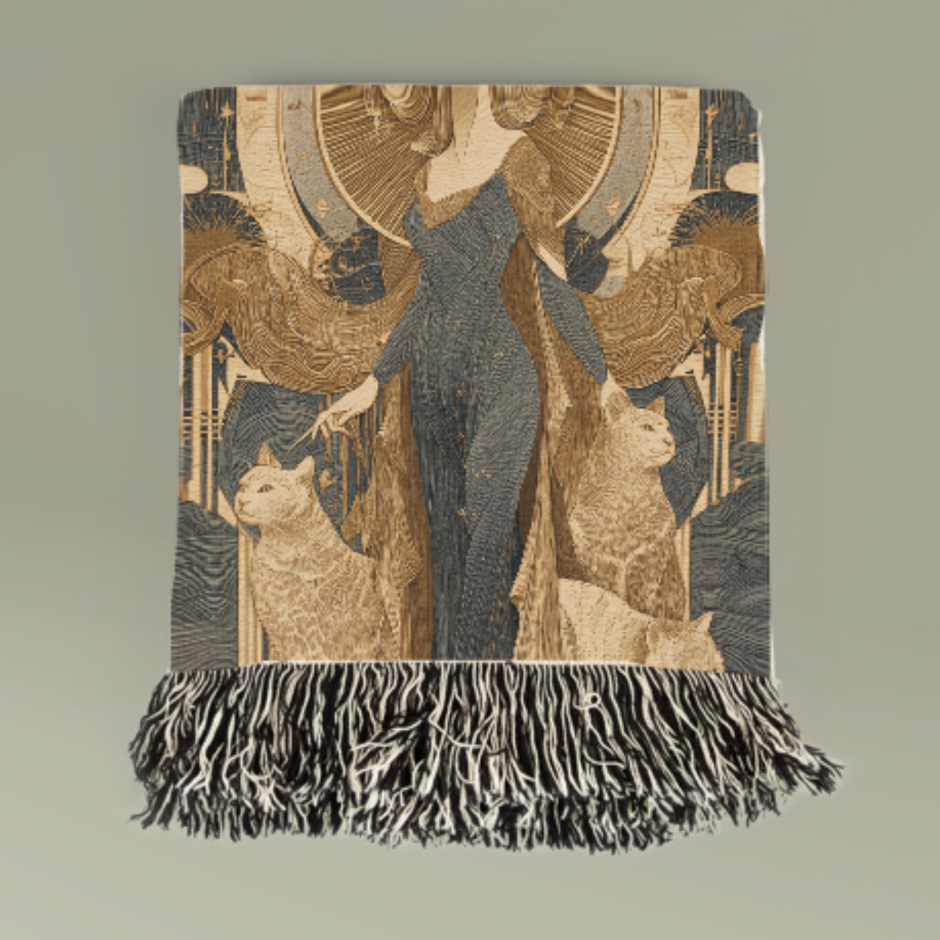 Celestial Mermaid Woven Blanket – Art Deco Goddess with Cats
