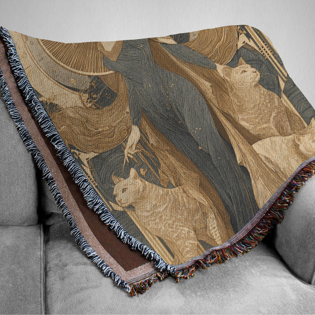 Celestial Mermaid Woven Blanket – Art Deco Goddess with Cats