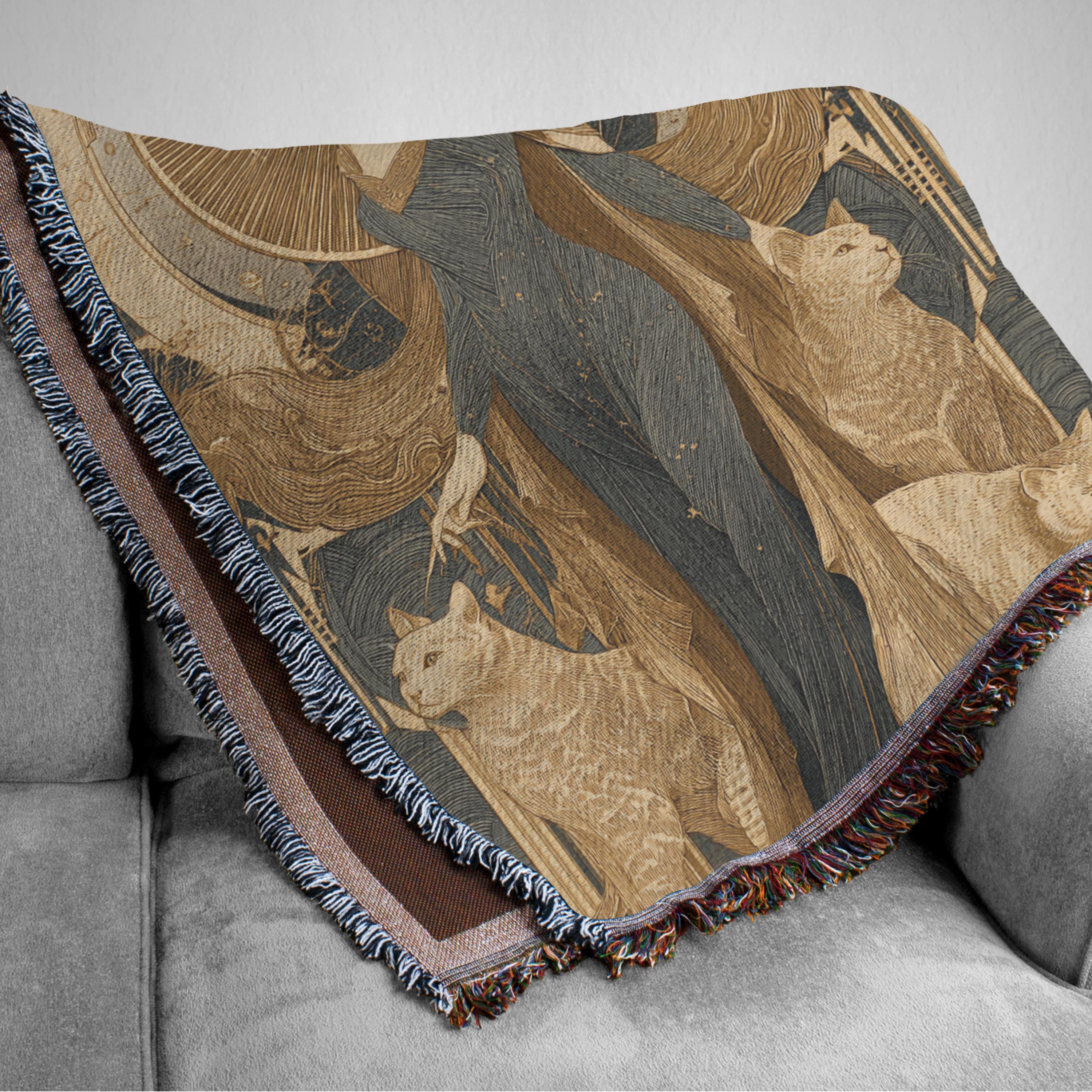 Celestial Mermaid Woven Blanket – Art Deco Goddess with Cats