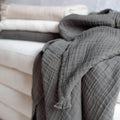 Gauze Throw Blanket | Soft Cotton  Lightweight Throw with Fringed Edges | Neutral Colors Ivory, Taupe, Gray
