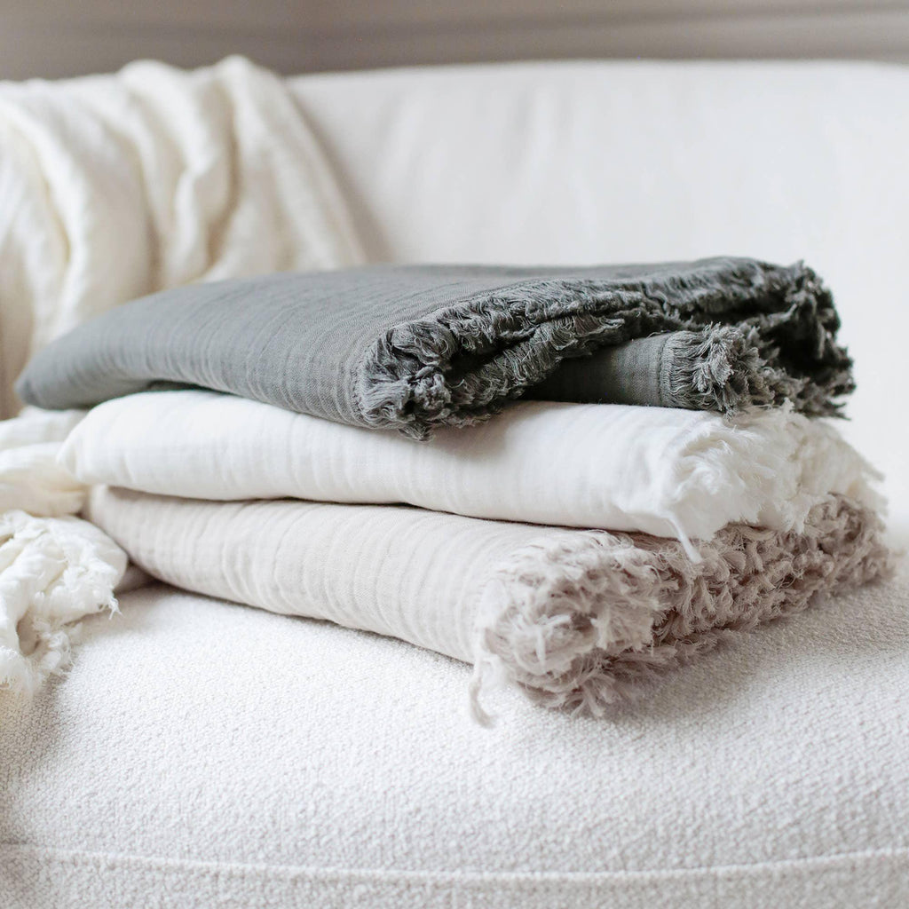 Gauze Throw Blanket | Soft Cotton  Lightweight Throw with Fringed Edges | Neutral Colors Ivory, Taupe, Gray