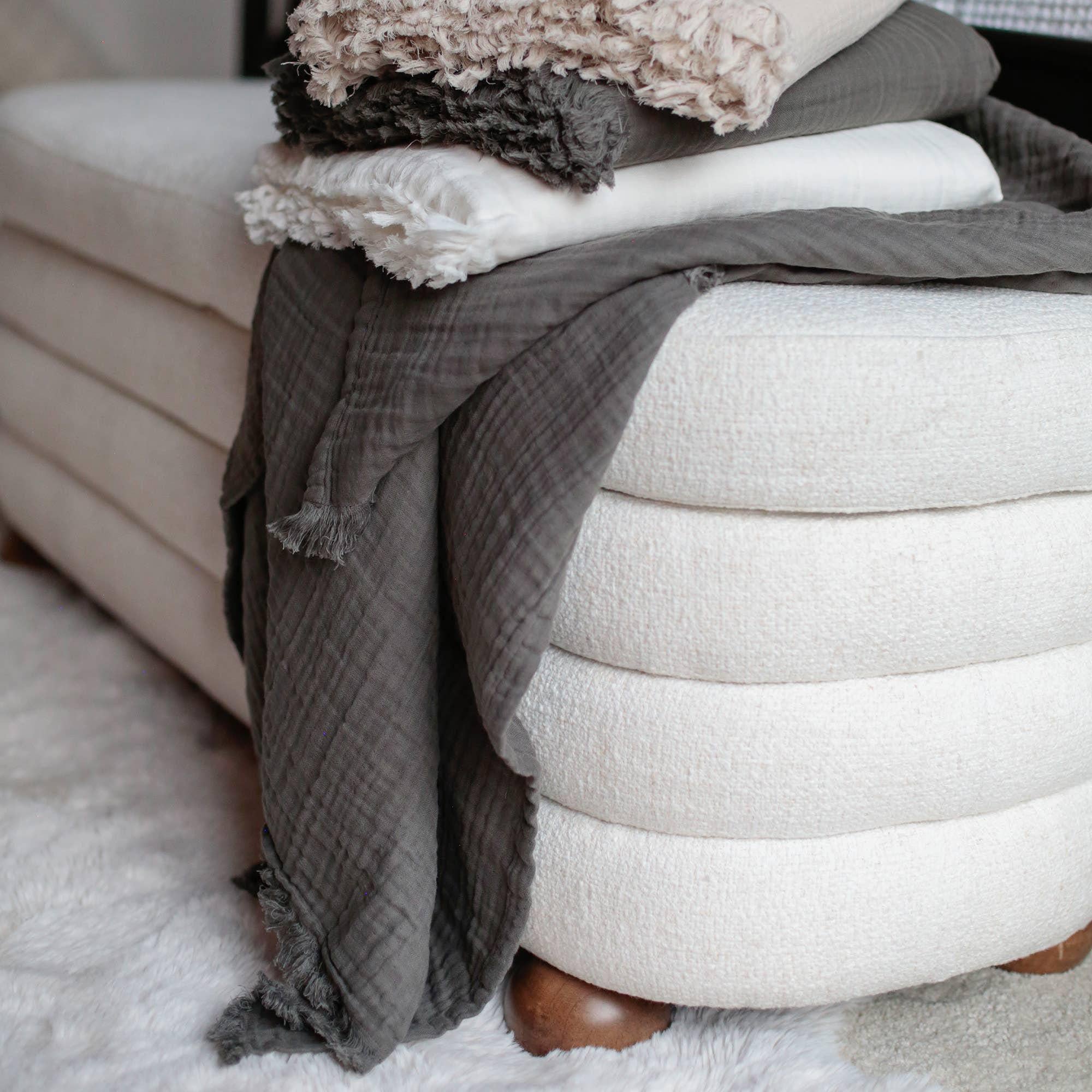 Gauze Throw Blanket | Soft Cotton  Lightweight Throw with Fringed Edges | Neutral Colors Ivory, Taupe, Gray