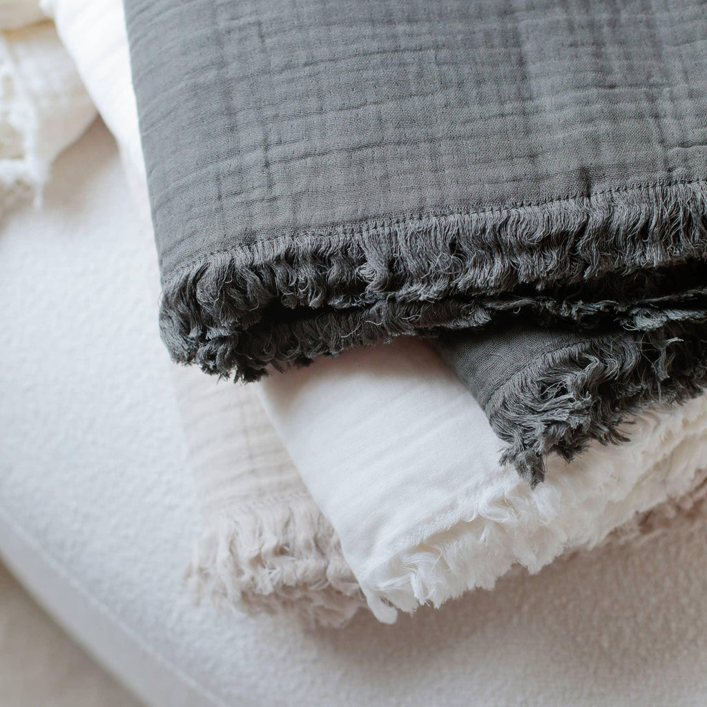 Gauze Throw Blanket | Soft Cotton  Lightweight Throw with Fringed Edges | Neutral Colors Ivory, Taupe, Gray