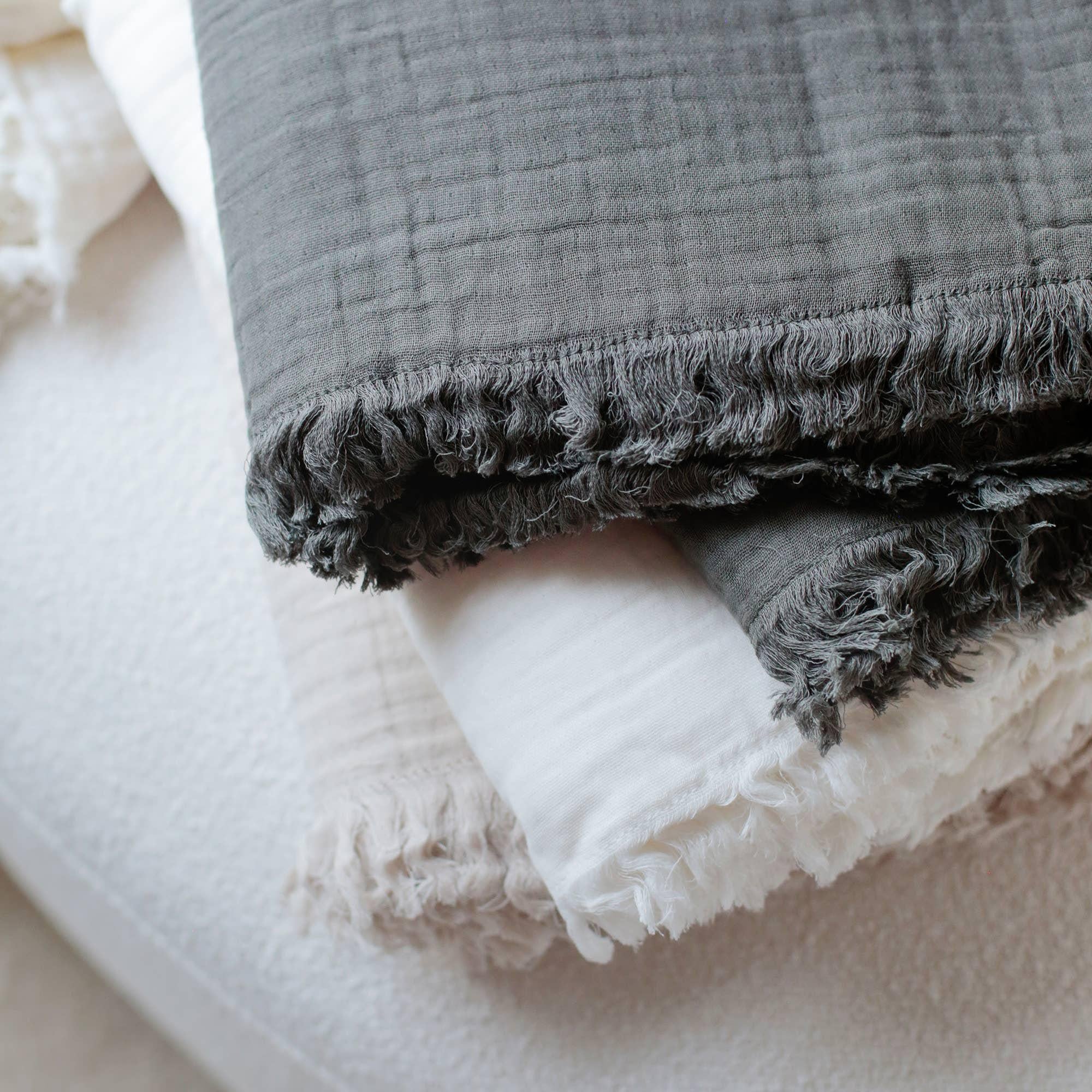 Gauze Throw Blanket | Soft Cotton  Lightweight Throw with Fringed Edges | Neutral Colors Ivory, Taupe, Gray