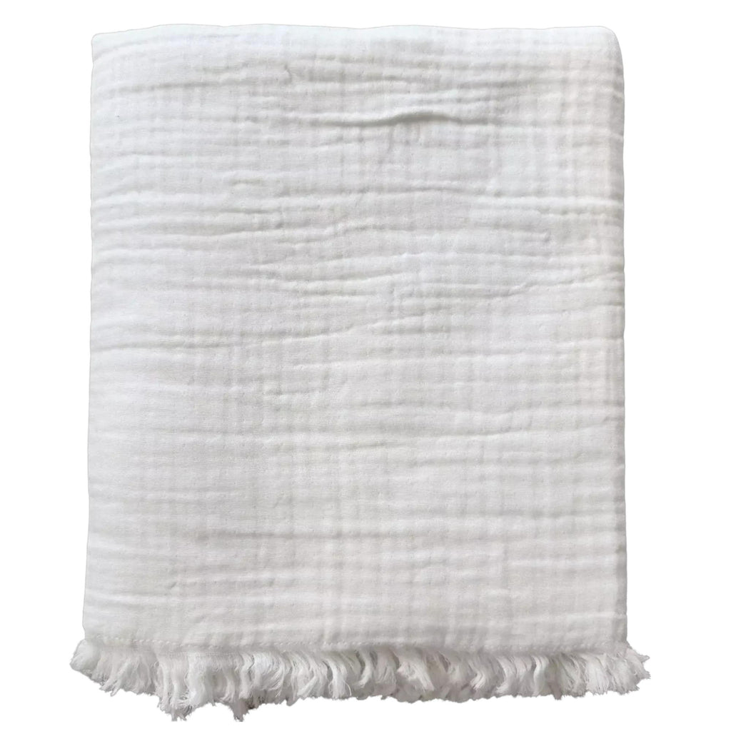 Gauze Throw Blanket | Soft Cotton  Lightweight Throw with Fringed Edges | Neutral Colors Ivory, Taupe, Gray