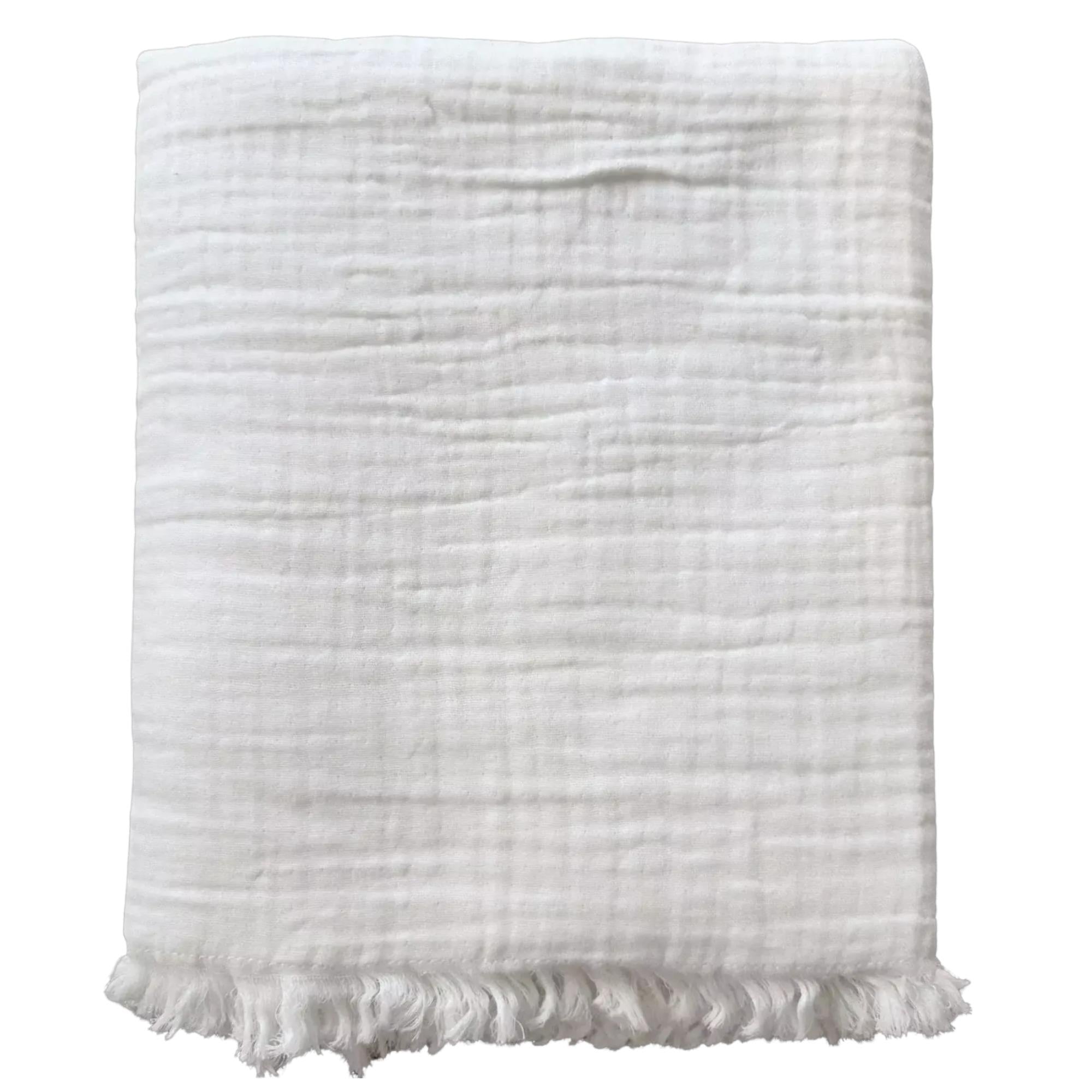Gauze Throw Blanket | Soft Cotton  Lightweight Throw with Fringed Edges | Neutral Colors Ivory, Taupe, Gray