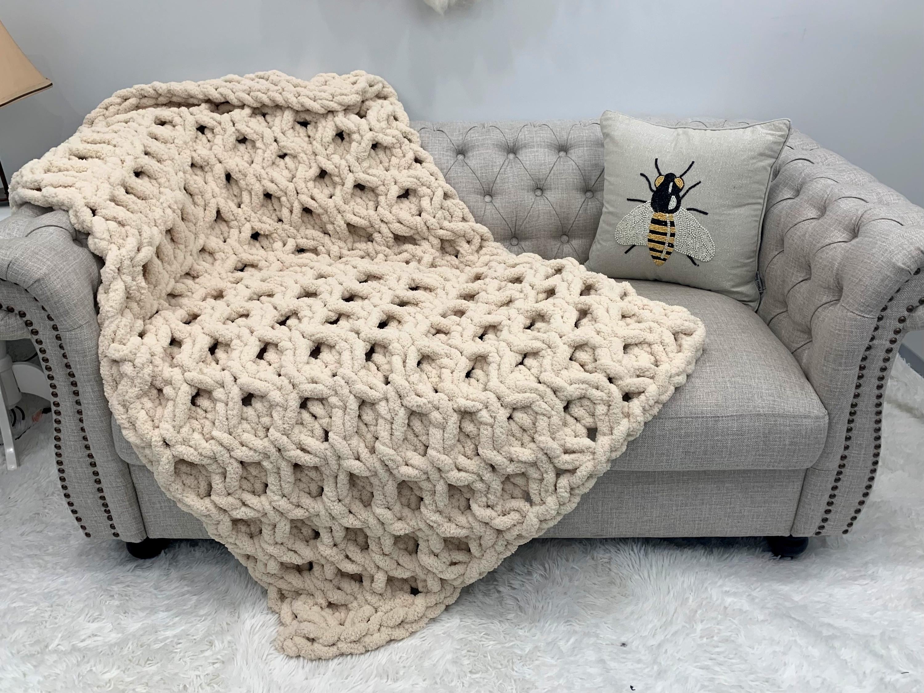 Blanket, Hand Knit, Chunky Chenille Throw, Honeycomb Pattern, Gift for her