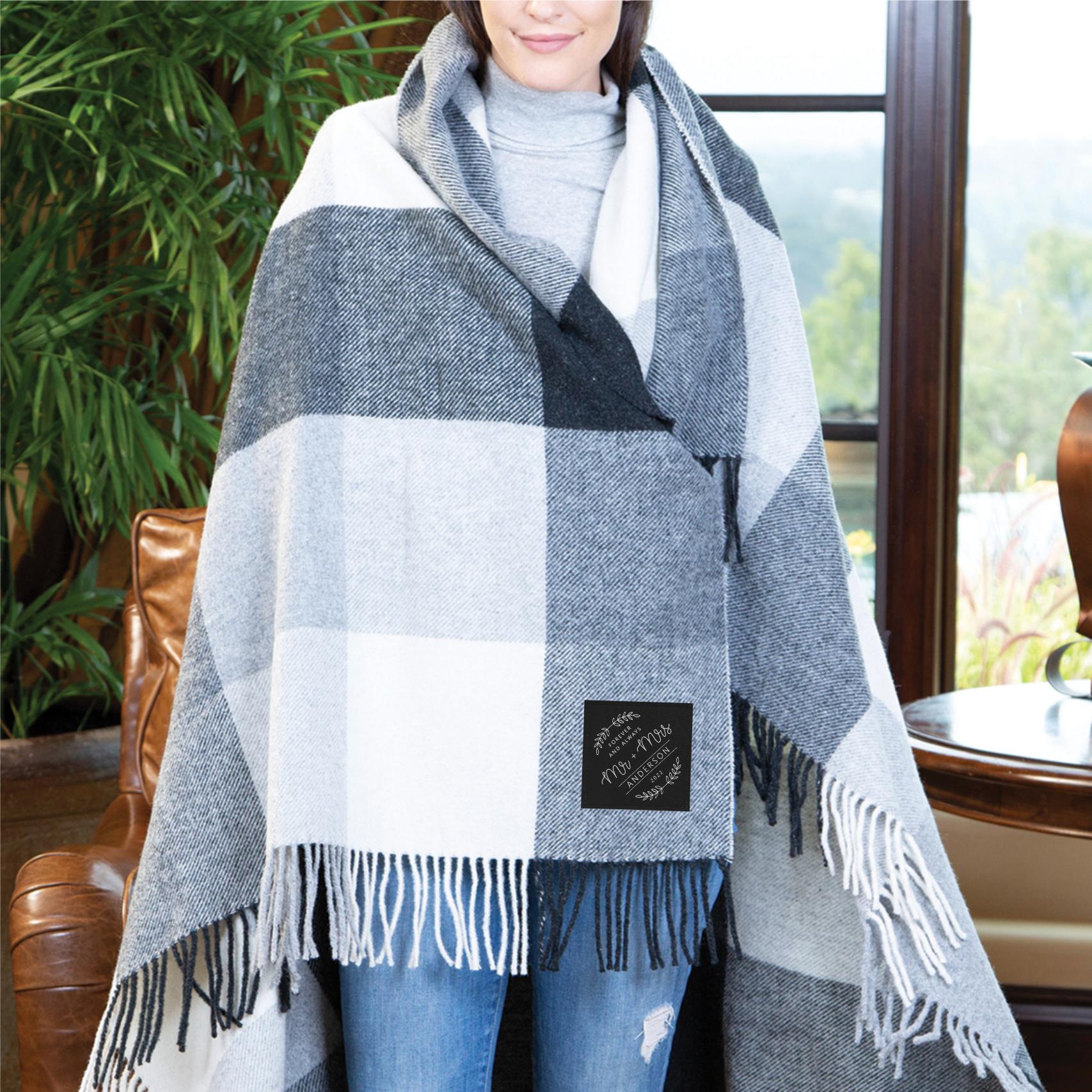 Personalized Wool Throw Blanket with Vegan Leather Patch