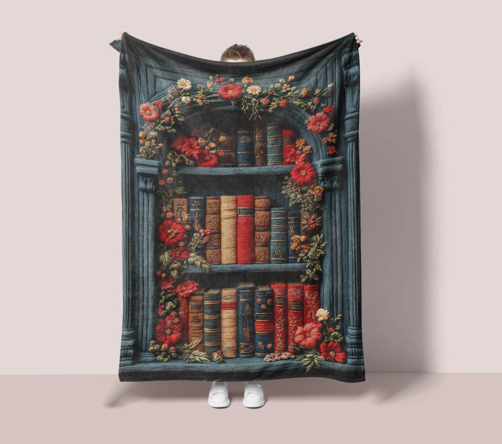 Bookshelf Throw Blanket, Vintage Floral Books, Cozy Reading Nook Decor