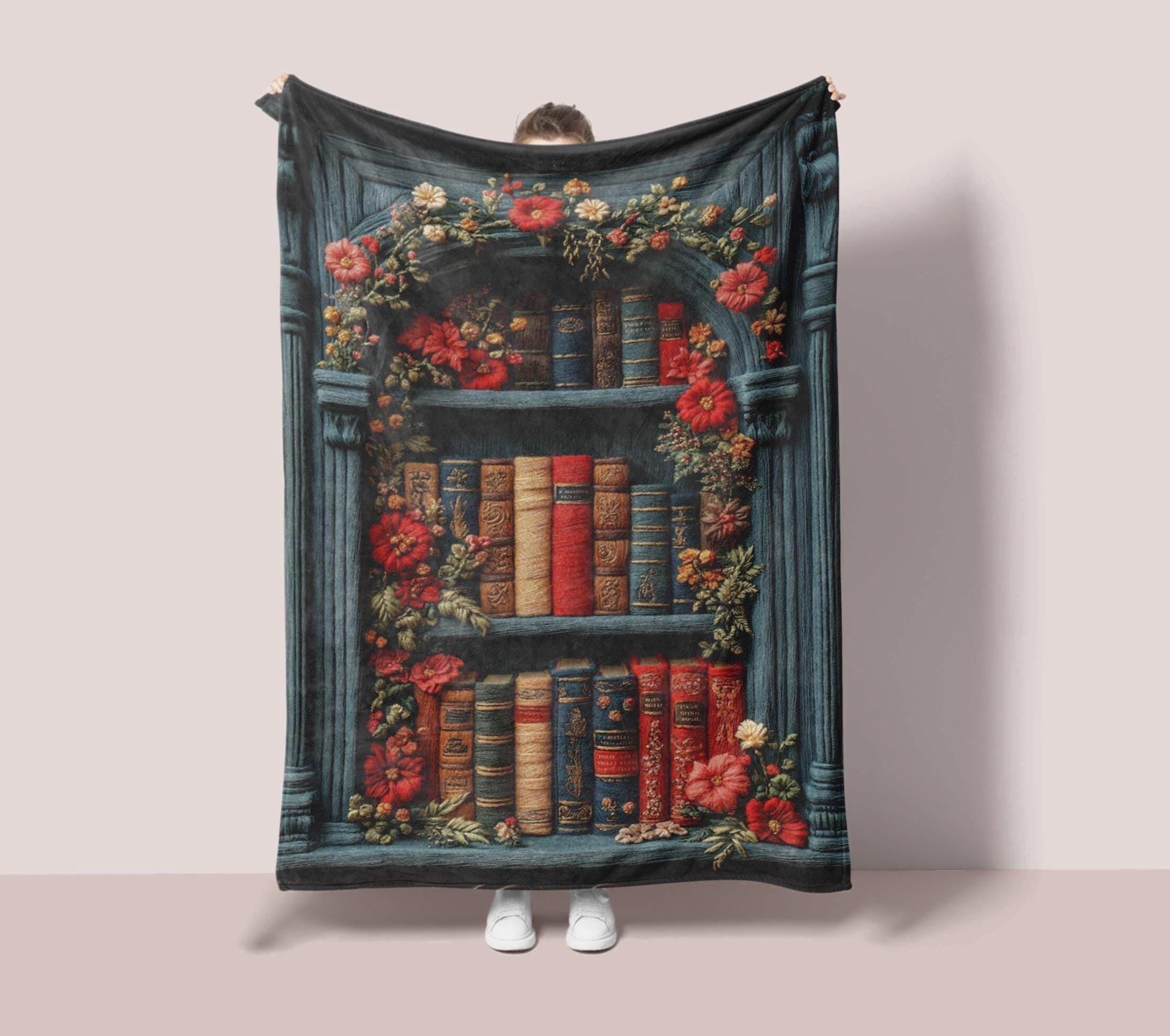 Bookshelf Throw Blanket, Vintage Floral Books, Cozy Reading Nook Decor