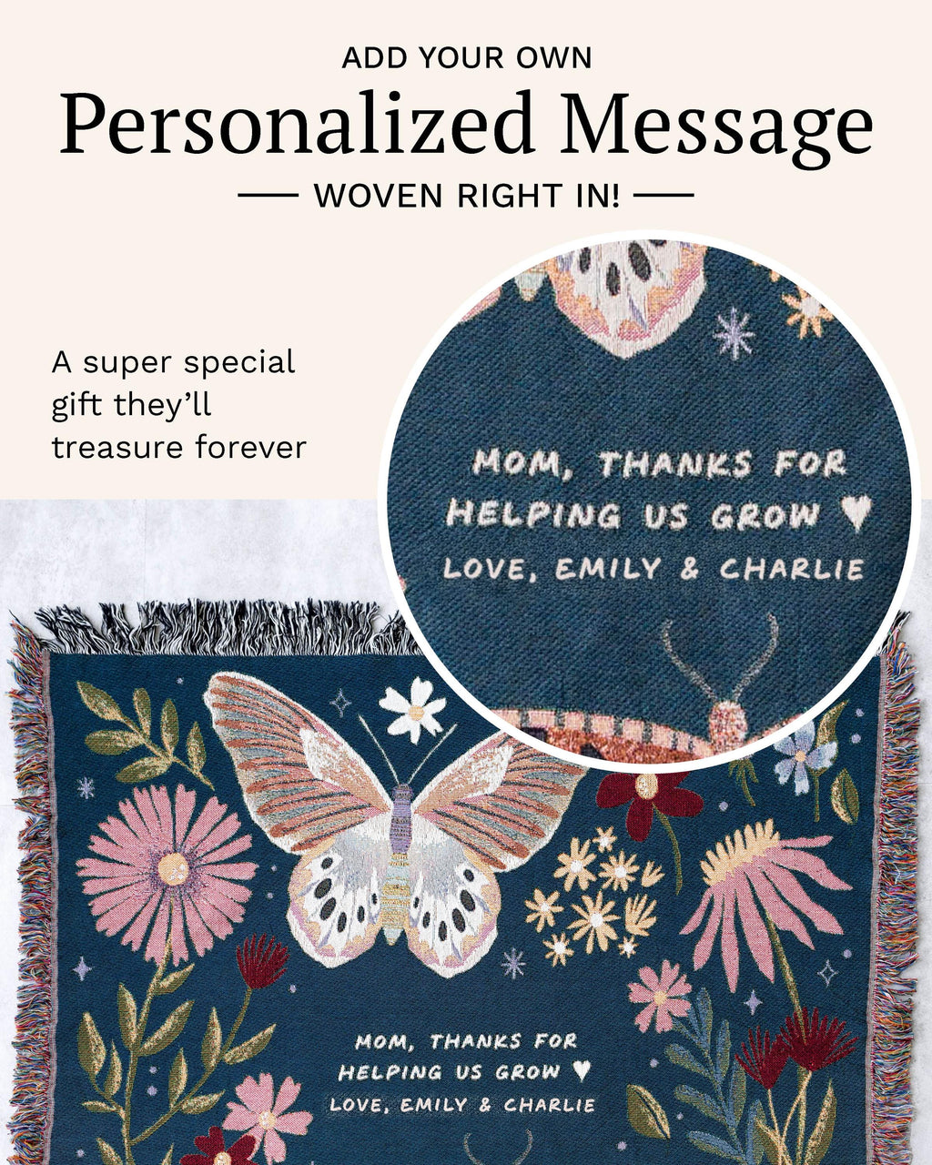 Butterfly Blanket: Navy Blue Floral Woven Throw, Mom Grandparent Baby Shower Gift, Positive Motivational Affirmation, Personalized Nursery